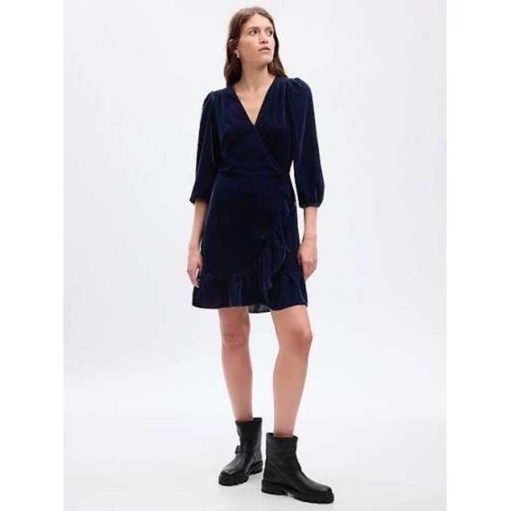 Gap Velvet Wrap Mini Dress Large Tall Navy Blue Whimsy Witchy Boho Minimalist